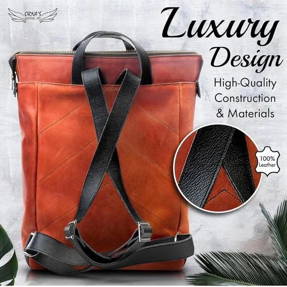 ORNA'S • Red Cognac Leather Backpack Bag Chic Contemporary - Picture 2 of 6